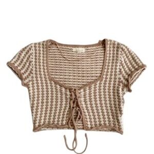 LA Hearts Womens XS Tan Cream Checkered Lace Up Knit Crop Top Short Sleeve